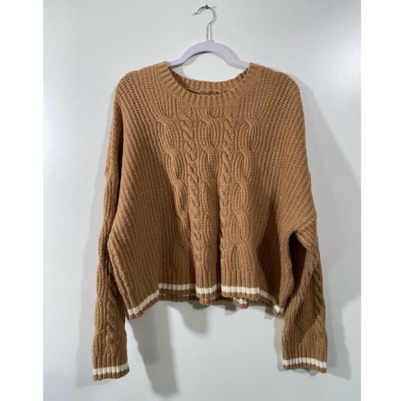 AE Heritage Cozy Sweater in Tan with White Stripes Crop Length Size Large - Picture 8 of 8